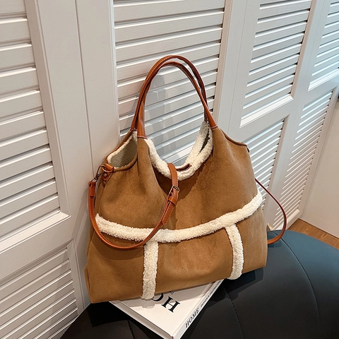 Retro Tote Bag Suede Faux Lamb Wool Trim Large Capacity Contrast Color Handbag Shoulder Bag Vintage Autumn Winter