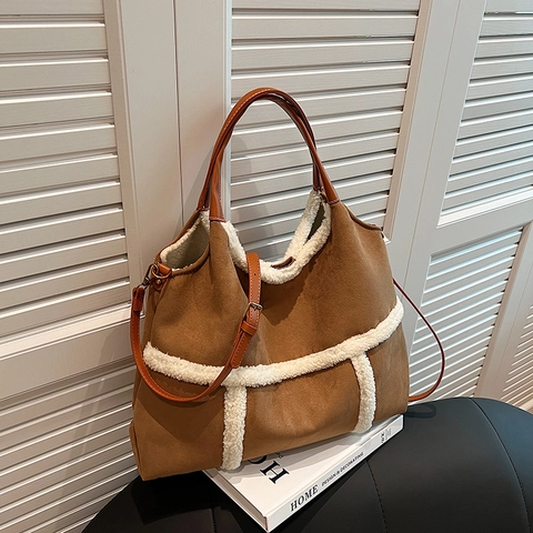 Retro Tote Bag Suede Faux Lamb Wool Trim Large Capacity Contrast Color Handbag Shoulder Bag Vintage Autumn Winter
