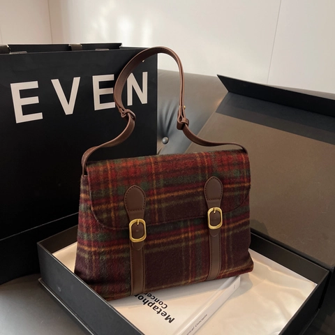 Vintage Tweed Schoudertas Met Ruit Voor Dames Grote Capaciteit Messenger Bag Retro Geruite Crossbody Tas Met Leren Riemen