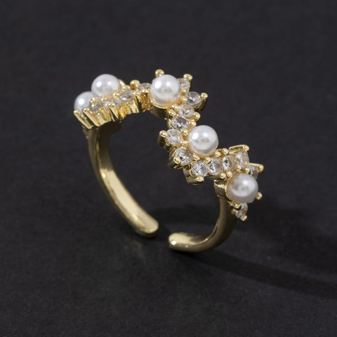 Fashion Elegant Copper Open Ring For Women Adjustable Imitation Pearl Zirconia Gold Silver Plated Finger Jewelry Luxury Aesthetic Accessory