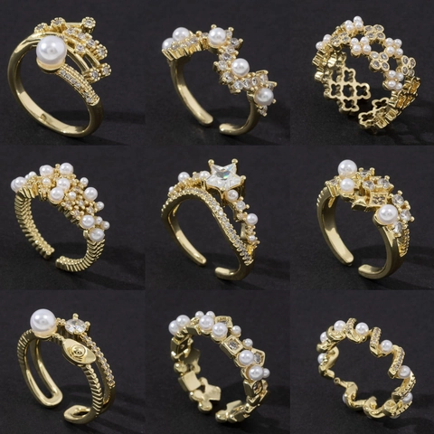 Fashion Elegant Copper Open Ring For Women Adjustable Imitation Pearl Zirconia Gold Silver Plated Finger Jewelry Luxury Aesthetic Accessory