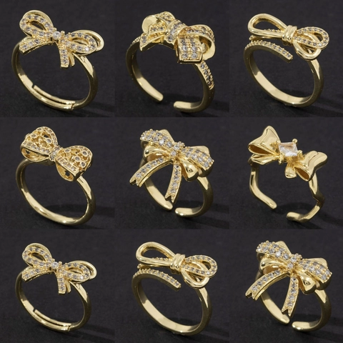 Bague Noeud Papillon Cuivre Zircone Cubique Ajustable Anneau Ouvert Bijou Élégant Style Banlieue Pour Femmes