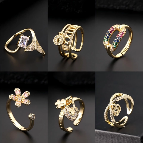 Fashion Copper Gold Plated Adjustable Rings With Colorful Zircon Heart Lock Fish Tail Flower Charms For Women Dainty
