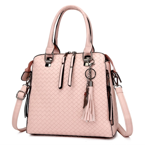 Borse da Donna a Tracolla in Pelle PU Trama Intrecciata Nappa Ciondolo a Gatto Grande Capacità Urbano Semplice Borsa alla Moda Quotidiana