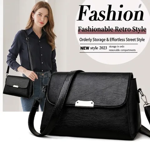 Damen Umhängetasche PU Leder Litchi Struktur Klappenverschluss Silberne Metallschnalle Verstellbarer Riemen Retro Mode