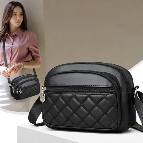 Borsa Tracolla Donna Pelle PU Trapuntata Triple Tasche Con Cerniera Scomparti Multipli Tracolla Larga Regolabile Street Trendy