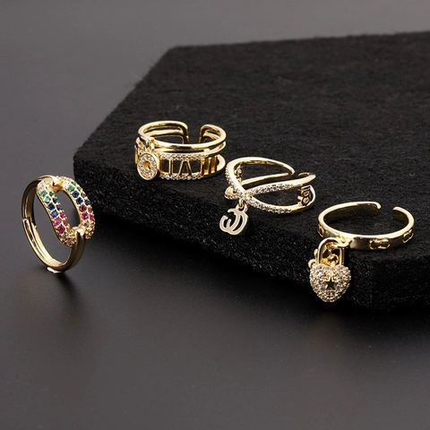 Fashion Copper Gold Plated Adjustable Rings With Colorful Zircon Heart Lock Fish Tail Flower Charms For Women Dainty