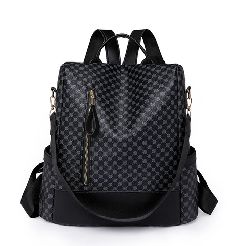 Mochila De Moda Para Mujer Cuero PU Pata De Gallo Impresión Geométrica Gran Capacidad Resistente Al Agua Viaje Casual Estilo Vintage
