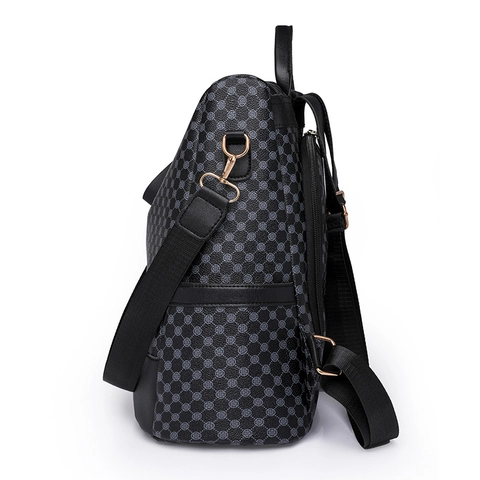 Mochila De Moda Para Mujer Cuero PU Pata De Gallo Impresión Geométrica Gran Capacidad Resistente Al Agua Viaje Casual Estilo Vintage