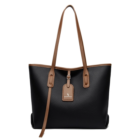 Women's Large Capacity Tote Bag Soft PU Leather Lychee Texture Contrast Color Shoulder Bag Commuter Handbag