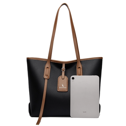 Women's Large Capacity Tote Bag Soft PU Leather Lychee Texture Contrast Color Shoulder Bag Commuter Handbag