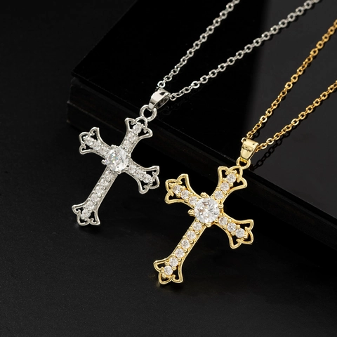 Vintage Copper Cross Pendant Necklace With Zirconia Rhinestones For Women Gold Silver Plated Light Luxury Fashion Jewelry Religious Gift