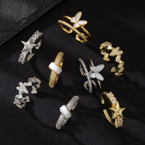 Anelli Aperti Regolabili Rame Zircone Farfalla Stella Forma Di Cuore Micro Pavé Cavo Gioielli Eleganti Per Donne