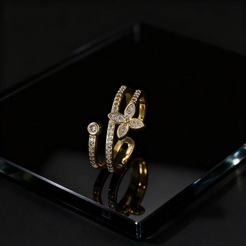Anello Aperto Farfalla Trifoglio Rame Zircone Multistrato Regolabile Placcato Oro Gioielli Di Moda Eleganti Donna