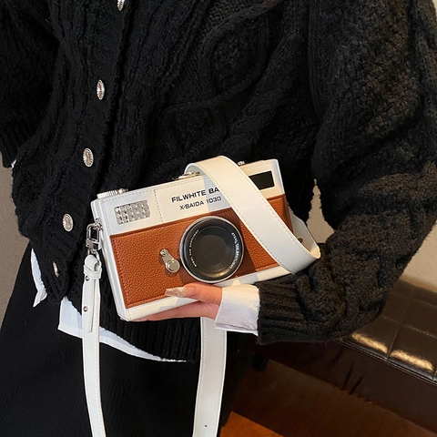 Borsa A Tracolla Da Donna A Forma Di Fotocamera Ecopelle Vintage Bicolore Mini Borsa Spalla Retrò Street Style