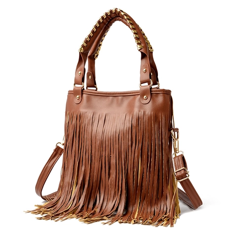 Fashion Tassel Shoulder Bag PU Leather Large Capacity Bohemian Fringe Tote With Braided Handle Gold Hardware For Women
