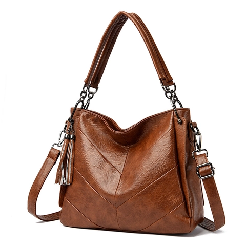 Women Large Capacity PU Leather Tote Bag V-Stitched Chevron Shoulder Handbag With Tassel Retro Elegant Simple