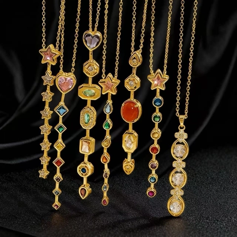 Collana Pendente Rame Placcato Oro Con Zirconi Colorati Geometrico Verticale Hip Hop Gioielli Eleganti Da Donna