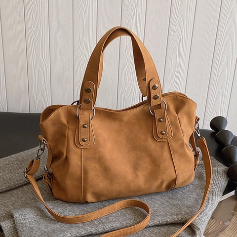 Damen Vintage Tote Bag Große Kapazität Retro PU Leder Schultertasche Mit Nieten Verstellbarem Riemen