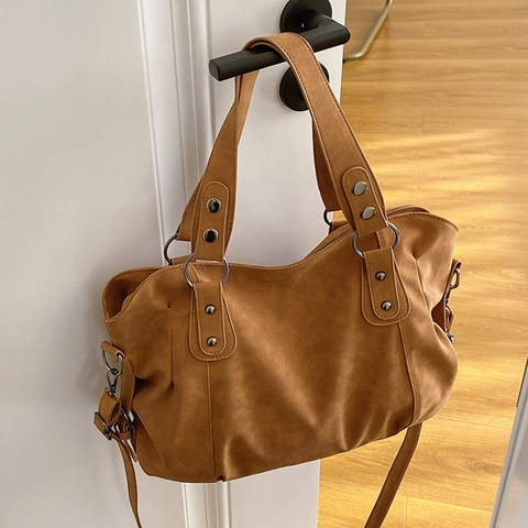 Damen Vintage Tote Bag Große Kapazität Retro PU Leder Schultertasche Mit Nieten Verstellbarem Riemen