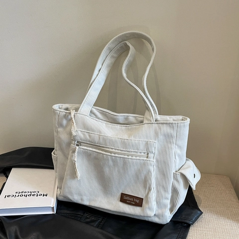 Fashion Solid Color Multi-Pocket Large Capacity Corduroy Tote Bag Shoulder Handbag Minimalist Autumn Winter Casual