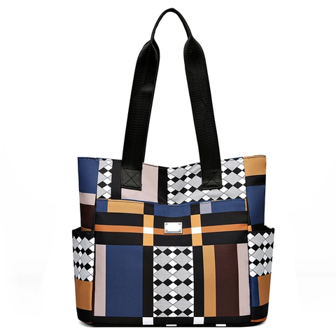 Sac Fourre-Tout Femme Grande Capacité Patchwork Géométrique Sac À Épaule Style De Rue Multi Poches Décor Métal Matériau Durable