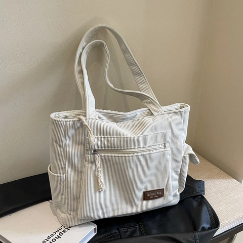 Fashion Solid Color Multi-Pocket Large Capacity Corduroy Tote Bag Shoulder Handbag Minimalist Autumn Winter Casual