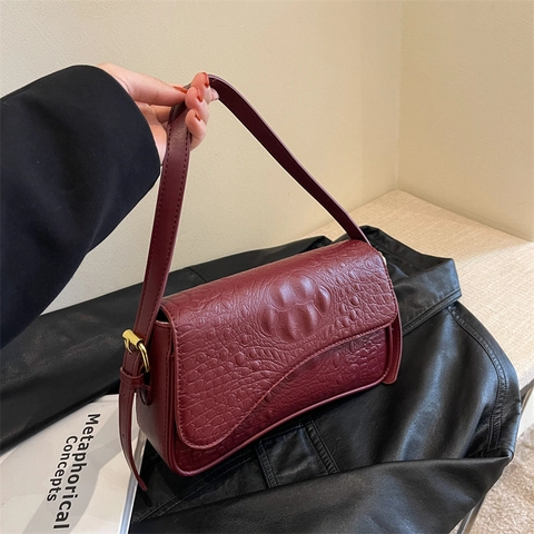 Bolso De Axila Para Mujer Con Patrón De Cocodrilo Cuero PU Retro Bolso Baguette Hombro Herrajes Dorados