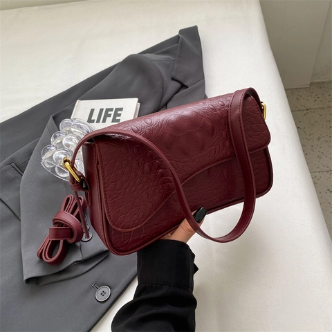 Bolso De Axila Para Mujer Con Patrón De Cocodrilo Cuero PU Retro Bolso Baguette Hombro Herrajes Dorados