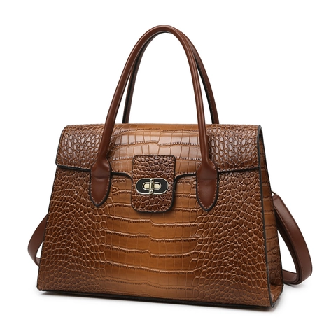 Women Handbag Crocodile Pattern Embossed PU Leather Large Capacity Tote With Metal Swivel Lock And Shoulder Strap