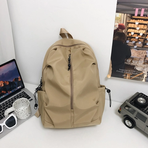 Minimalist Nylon Backpack Casual Travel School Bag Urban Simple Style Vertical Zipper Drawstring Side Pockets Unisex