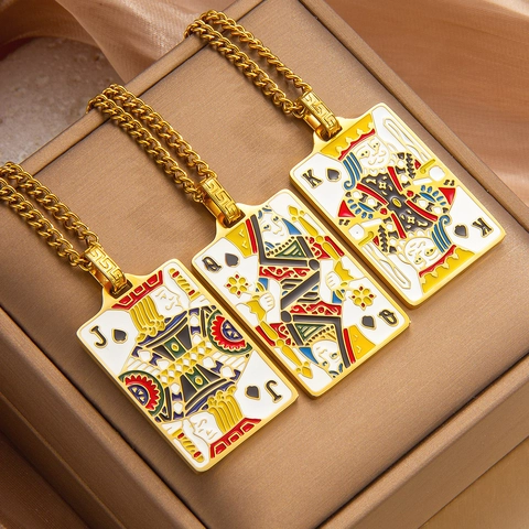 Poker Card Pendant Necklace Stainless Steel PVD 18K Gold Plated Spade Jack Queen King Enamel Hip Hop Fashion Jewelry Gift