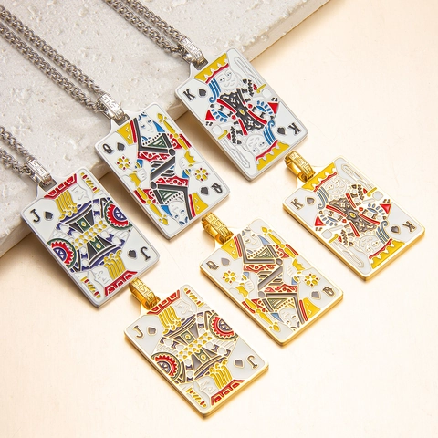 Poker Card Pendant Necklace Stainless Steel PVD 18K Gold Plated Spade Jack Queen King Enamel Hip Hop Fashion Jewelry Gift