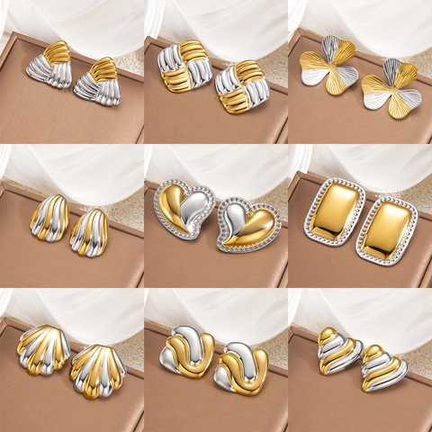 Orecchini A Lobo Bicolore Cuore Conchiglia Fiore Geometrico Acciaio Al Titanio Placcato Oro 18K Gioielli Lusso Donna