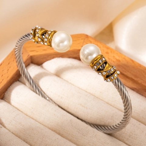 Bracciale Rigido Aperto A Cavo Intrecciato In Acciaio Al Titanio Con Perla Artificial E Strass Gioielli Da Donna