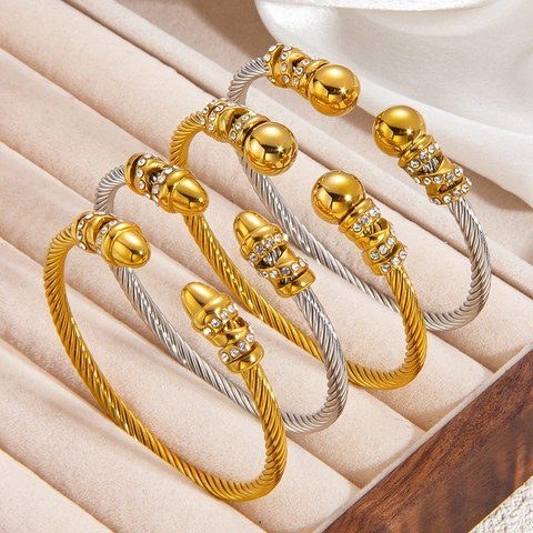 Twisted Cable Cuff Bangle Stainless Steel Rhinestone Inlaid Ball Ends Adjustable Vintage Luxury Bracelet For Women