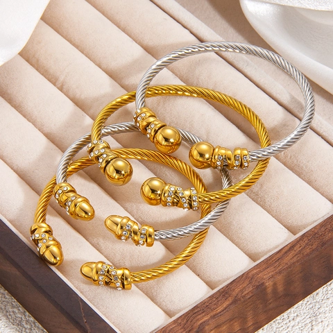 Twisted Cable Cuff Bangle Stainless Steel Rhinestone Inlaid Ball Ends Adjustable Vintage Luxury Bracelet For Women