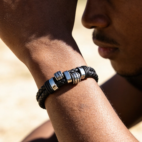 Bracciale Da Uomo In Pelle Intrecciata Con Perline In Acciaio Inossidabile Chiusura Magnetica Multistrato Stile Punk Retrò