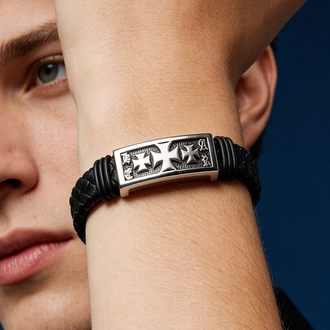 Bracciale In Pelle Intrecciata Con Croce Gotica Da Uomo Acciaio Inossidabile Chiusura Magnetica Retro Punk Biker Nero