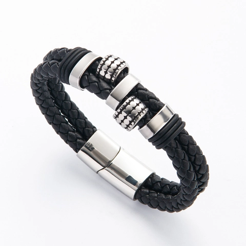 Bracciale Da Uomo In Pelle Intrecciata Con Perline In Acciaio Inossidabile Chiusura Magnetica Multistrato Stile Punk Retrò