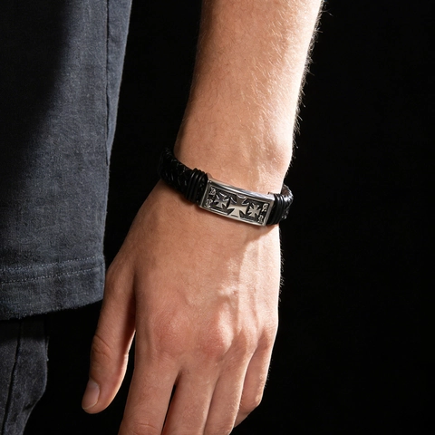 Bracciale In Pelle Intrecciata Con Croce Gotica Da Uomo Acciaio Inossidabile Chiusura Magnetica Retro Punk Biker Nero