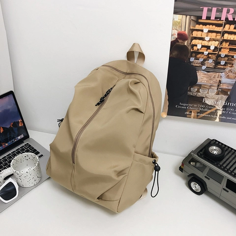 Minimalist Nylon Backpack Casual Travel School Bag Urban Simple Style Vertical Zipper Drawstring Side Pockets Unisex