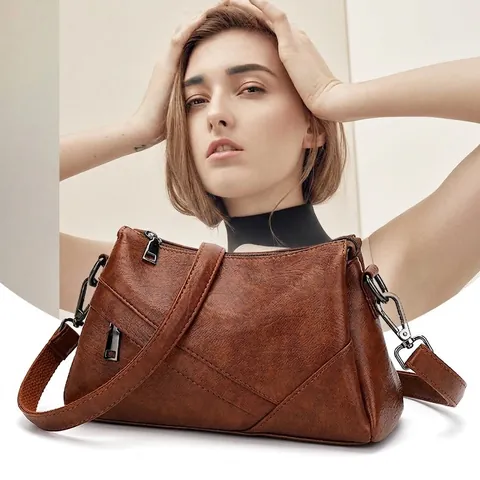 Sac Bandoulière Femme Cuir PU Motif Litchi Multi Poches Zippées Sangle Réglable Sac À Épaule Rétro Décontracté Tendance
