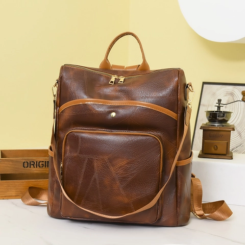 Moda Donna Zaino Pelle PU Retrò Patchwork Grande Capacità Viaggio Daypack Borsa Scuola Casual Quotidiana