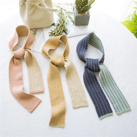 Knitted Scarf Narrow Neck Warmer Soft Double Sided Stripe Dot Pattern Versatile Winter Accessory For Women