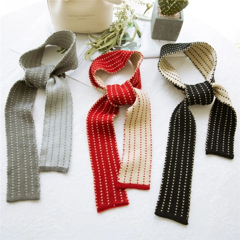 Knitted Scarf Narrow Neck Warmer Soft Double Sided Stripe Dot Pattern Versatile Winter Accessory For Women