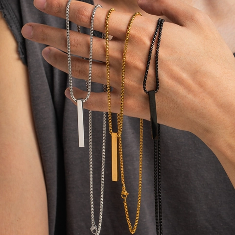 Minimalist Stainless Steel Square Bar Vertical Pillar Pendant Necklace Polished Geometric Box Chain For Men Women Style