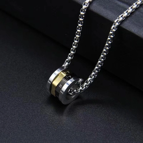 Stainless Steel Pendant Necklace Silver Gold Black Roman Numeral Nested Rings Polished Square Link Chain Minimalist Jewelry