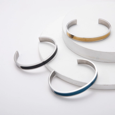 Minimalistische Roestvrijstalen Manchetarmband Mesh Inlay C-Vormige Open Bangle Industriële Stijl Sieraden