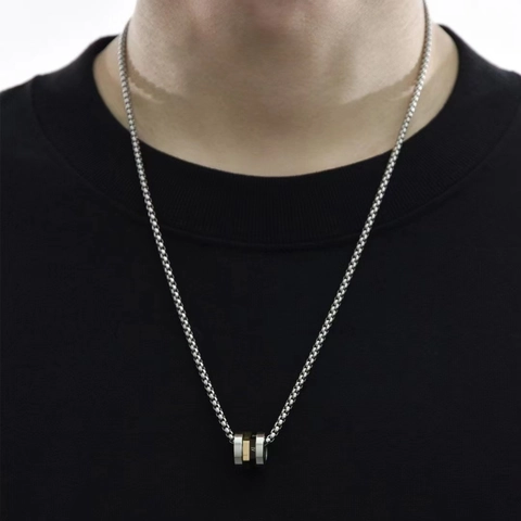 Stainless Steel Pendant Necklace Silver Gold Black Roman Numeral Nested Rings Polished Square Link Chain Minimalist Jewelry